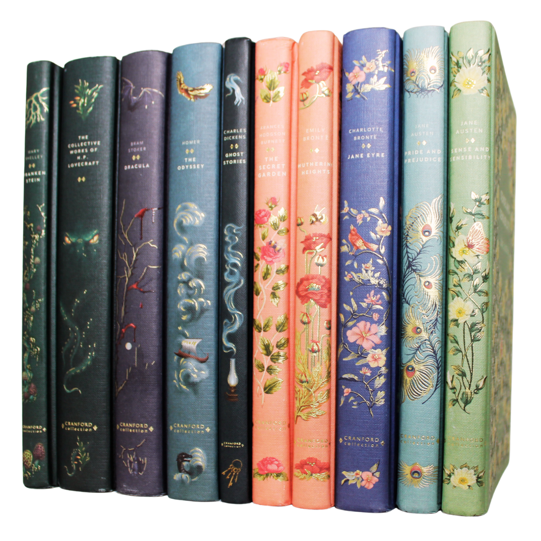 A set of eight vintage hardcover book spines lined up side by side on a white background. The books feature colorful floral and bird illustrations with gold lettering and are identified as Jane Austen's 'Pride and Prejudice', 'Sense and Sensibility', 'Emma', 'Mansfield Park', 'Northanger Hall', 'Persuasion', 'Lady Susan', and 'Victoria'.